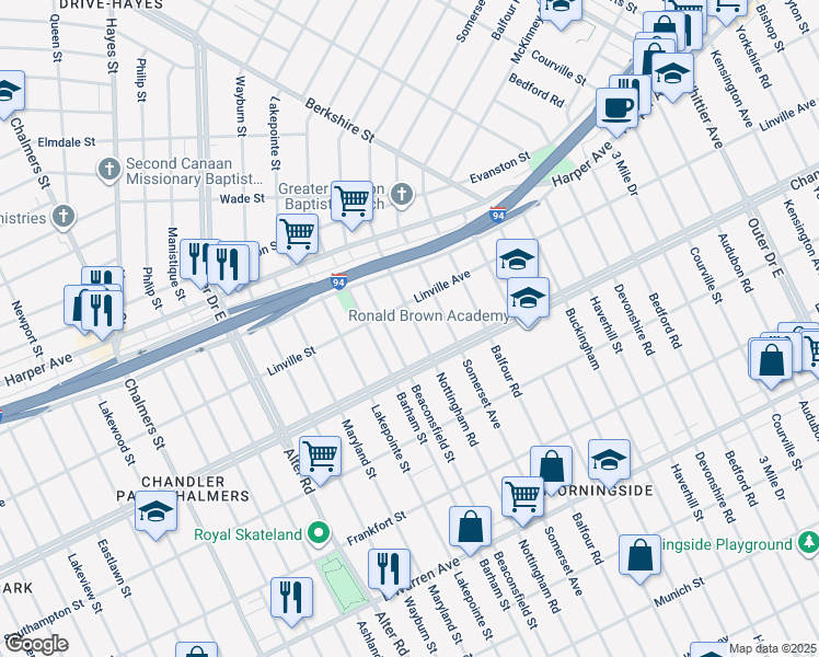 map of restaurants, bars, coffee shops, grocery stores, and more near 5775 Nottingham Road in Detroit
