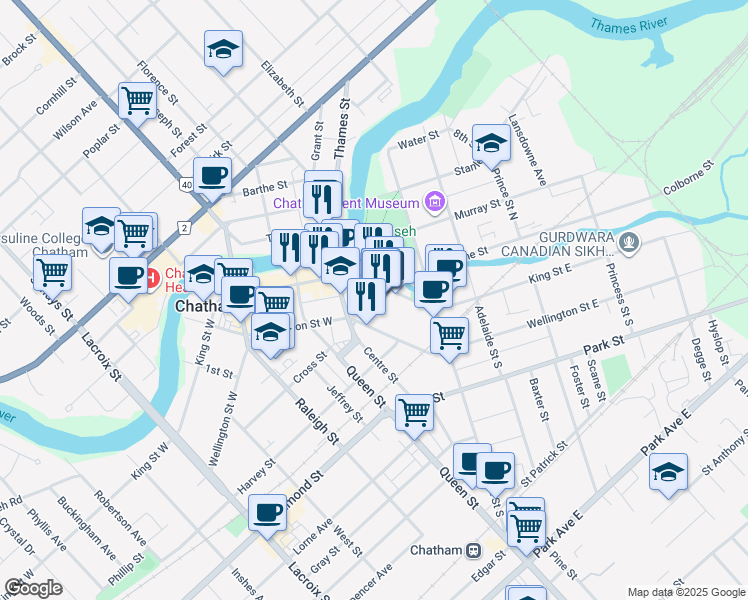 map of restaurants, bars, coffee shops, grocery stores, and more near 100 King Street West in Chatham