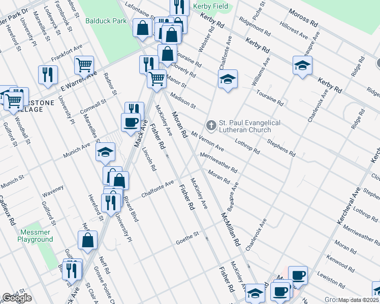 map of restaurants, bars, coffee shops, grocery stores, and more near 403 Moran Rd in Grosse Pointe Farms