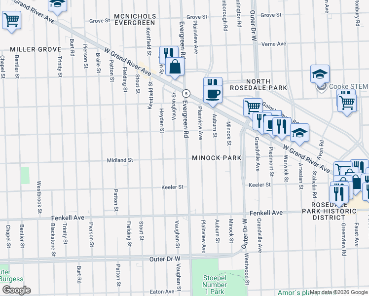 map of restaurants, bars, coffee shops, grocery stores, and more near 15731 Evergreen Road in Detroit