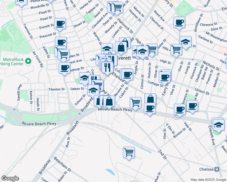 map of restaurants, bars, coffee shops, grocery stores, and more near 44 Wolcott Street in Everett