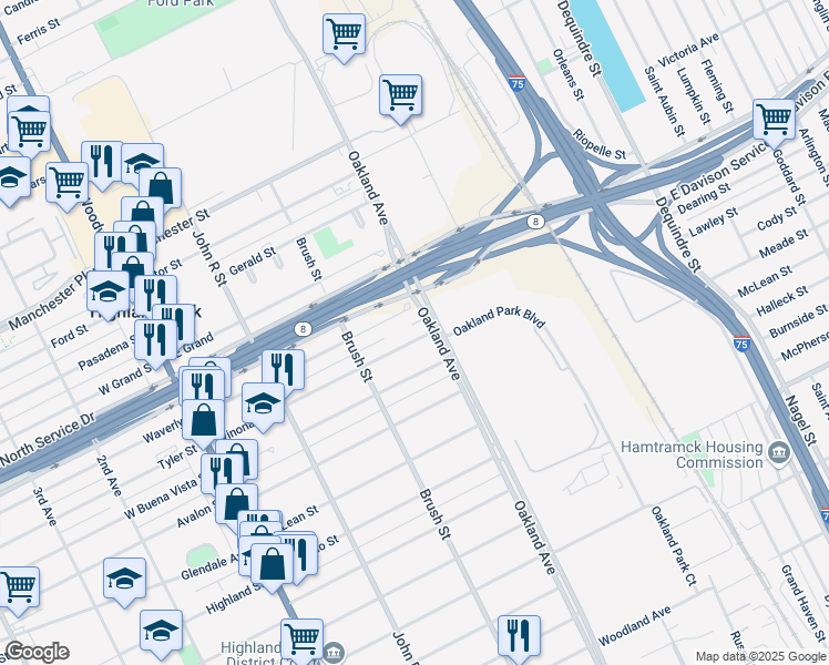 map of restaurants, bars, coffee shops, grocery stores, and more near 239 Winona Street in Highland Park