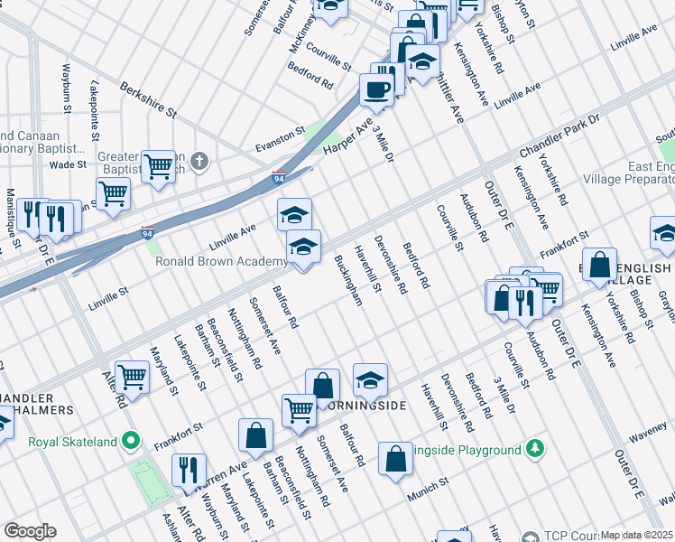 map of restaurants, bars, coffee shops, grocery stores, and more near 5559 Buckingham in Detroit