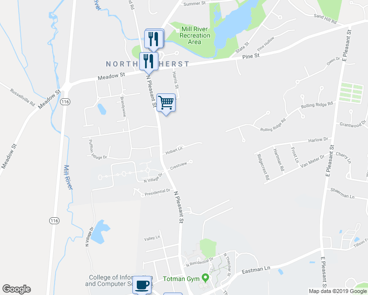 map of restaurants, bars, coffee shops, grocery stores, and more near 29 Hobart Lane in Amherst