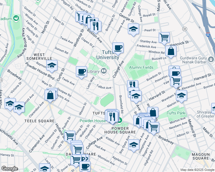 map of restaurants, bars, coffee shops, grocery stores, and more near 15 Talbot Avenue in Medford