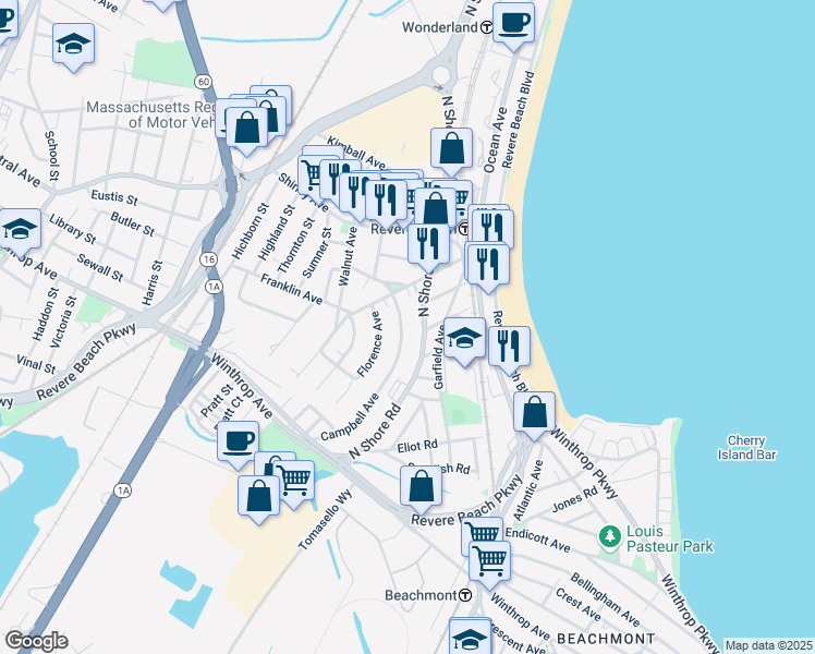 map of restaurants, bars, coffee shops, grocery stores, and more near 169 Campbell Avenue in Revere
