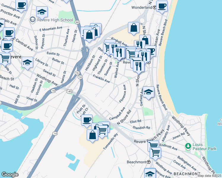 map of restaurants, bars, coffee shops, grocery stores, and more near 185 Walnut Avenue in Revere