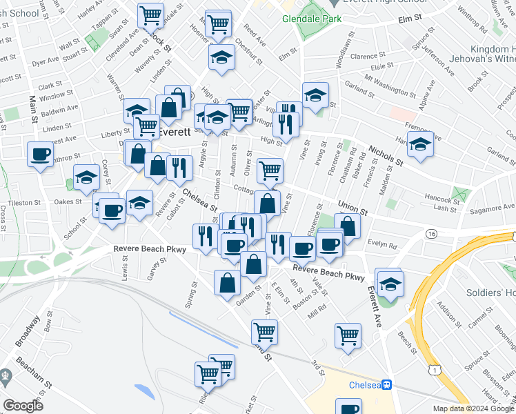 map of restaurants, bars, coffee shops, grocery stores, and more near 19 Partridge Terrace in Everett