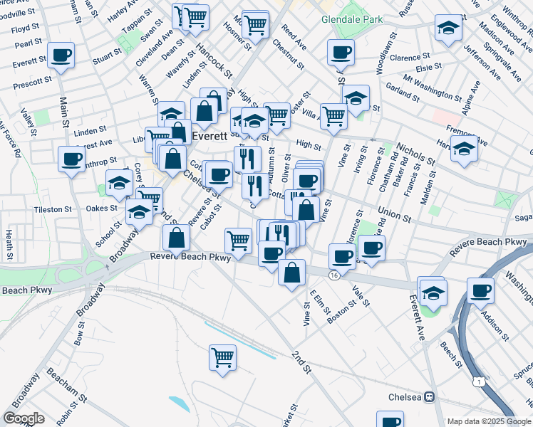 map of restaurants, bars, coffee shops, grocery stores, and more near 122 Chelsea Street in Everett