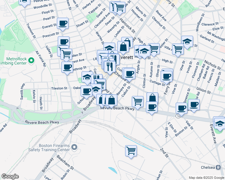 map of restaurants, bars, coffee shops, grocery stores, and more near 44 Wolcott Street in Everett