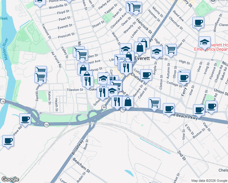 map of restaurants, bars, coffee shops, grocery stores, and more near 91 School Street in Everett