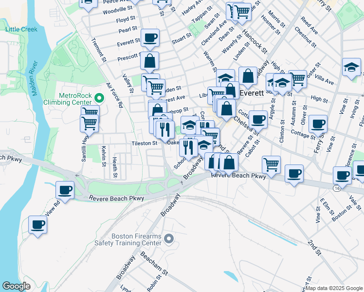 map of restaurants, bars, coffee shops, grocery stores, and more near 41 Oakes Street in Everett