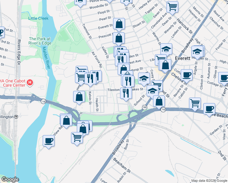map of restaurants, bars, coffee shops, grocery stores, and more near 48 Tileston Street in Everett