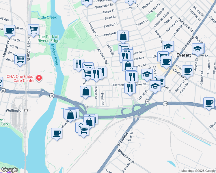 map of restaurants, bars, coffee shops, grocery stores, and more near in Everett
