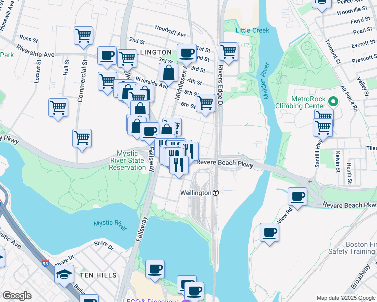 map of restaurants, bars, coffee shops, grocery stores, and more near 30 Revere Beach Parkway in Medford