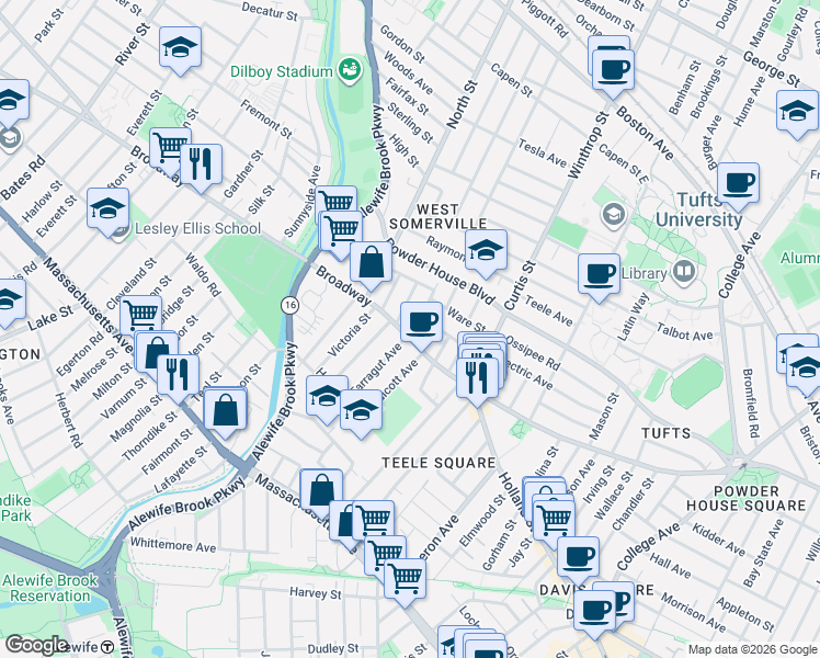 map of restaurants, bars, coffee shops, grocery stores, and more near 1249 Broadway in Somerville