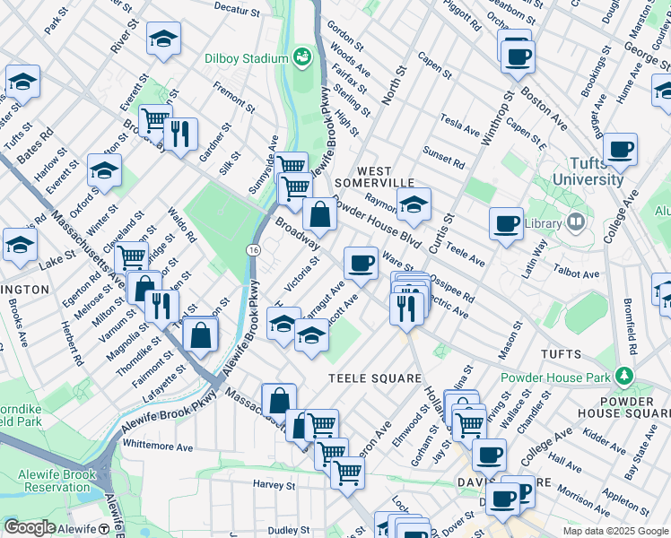 map of restaurants, bars, coffee shops, grocery stores, and more near 1249 Broadway in Somerville