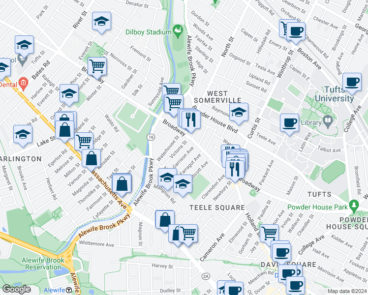map of restaurants, bars, coffee shops, grocery stores, and more near 18 Victoria Street in Somerville