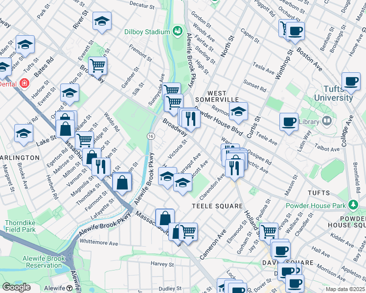 map of restaurants, bars, coffee shops, grocery stores, and more near 18 Victoria Street in Somerville
