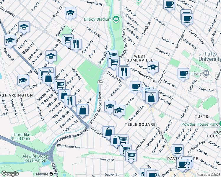 map of restaurants, bars, coffee shops, grocery stores, and more near 37 Waterhouse Street in Somerville