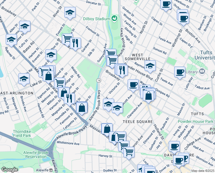 map of restaurants, bars, coffee shops, grocery stores, and more near 37 Waterhouse Street in Somerville