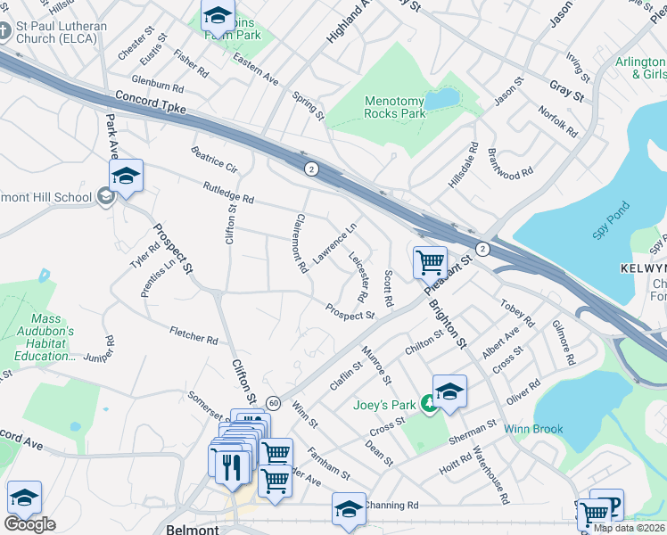 map of restaurants, bars, coffee shops, grocery stores, and more near 17 Ivy Road in Belmont