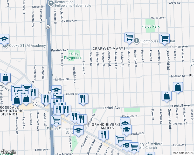 map of restaurants, bars, coffee shops, grocery stores, and more near 15703 Biltmore Street in Detroit