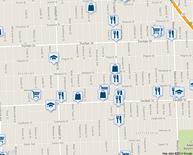 map of restaurants, bars, coffee shops, grocery stores, and more near 15481 Stansbury Avenue in Detroit