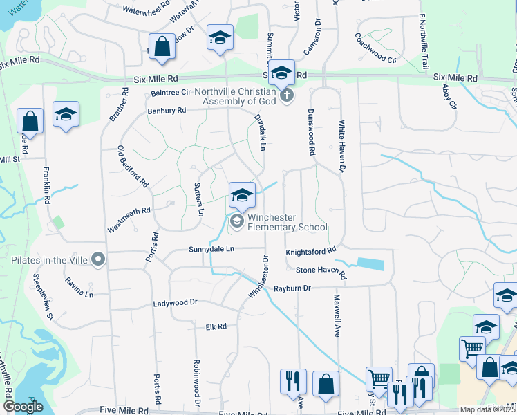 map of restaurants, bars, coffee shops, grocery stores, and more near 16235 Winchester Drive in Northville