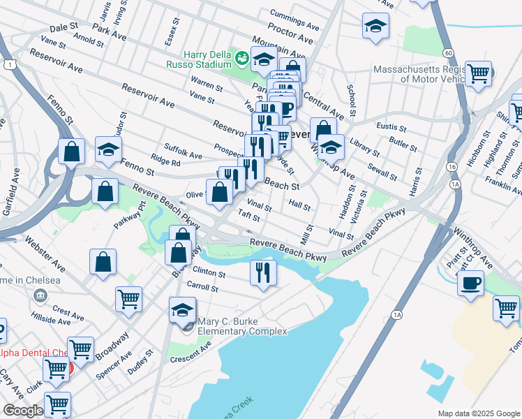 map of restaurants, bars, coffee shops, grocery stores, and more near 35 Vinal Street in Revere