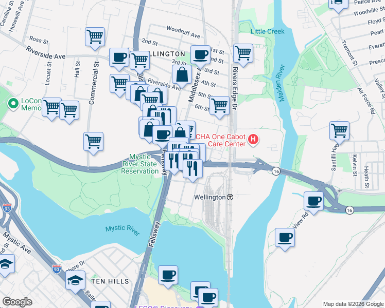map of restaurants, bars, coffee shops, grocery stores, and more near 20 Revere Beach Parkway in Medford