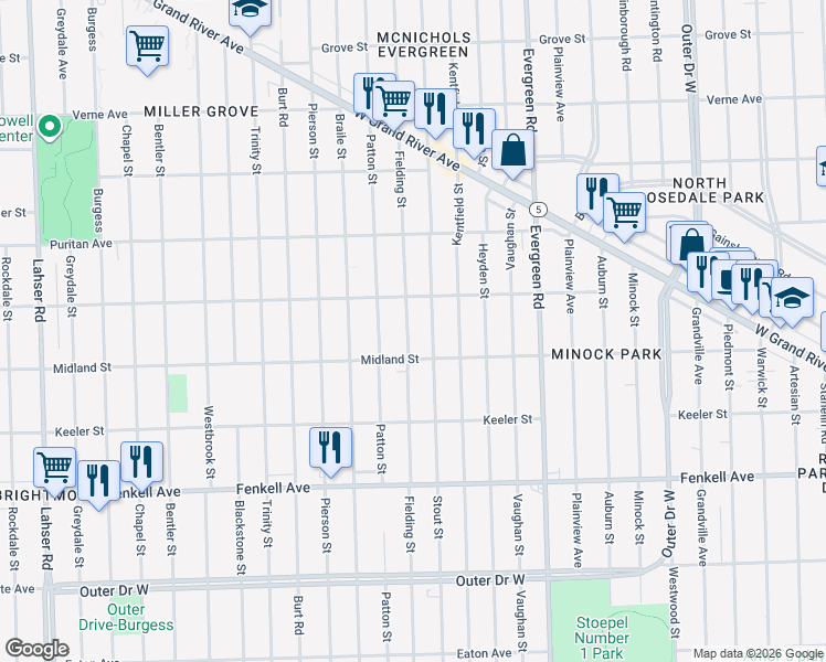 map of restaurants, bars, coffee shops, grocery stores, and more near 15734 Fielding Street in Detroit