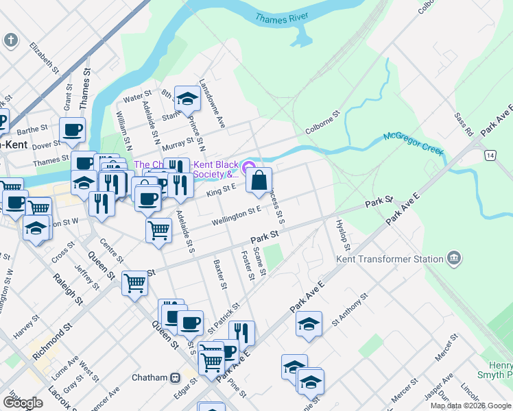 map of restaurants, bars, coffee shops, grocery stores, and more near 163 Wellington Street East in Chatham