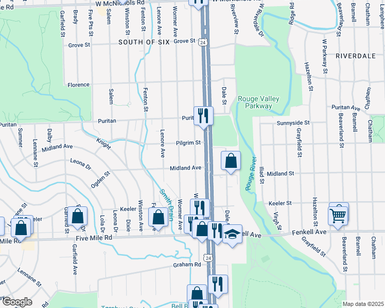 map of restaurants, bars, coffee shops, grocery stores, and more near 15755 Woodbine in Redford Charter Township