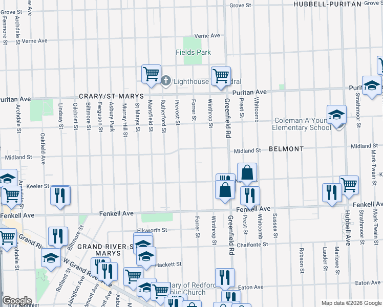 map of restaurants, bars, coffee shops, grocery stores, and more near 15519 Forrer Street in Detroit