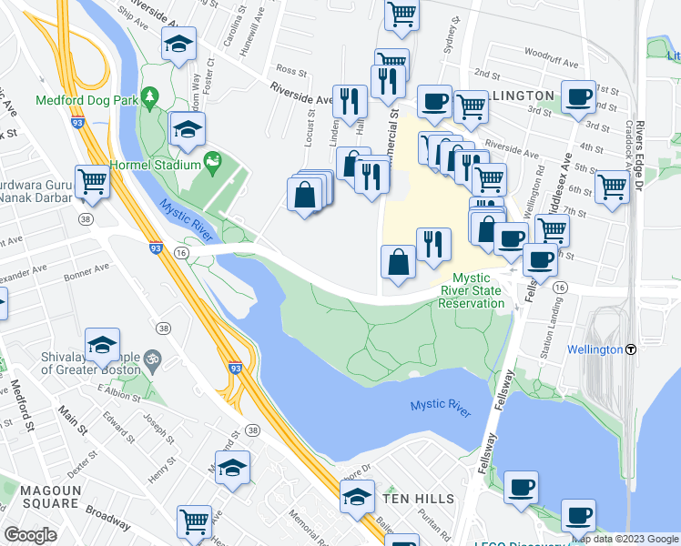 map of restaurants, bars, coffee shops, grocery stores, and more near 3920 Massachusetts 16 in Medford