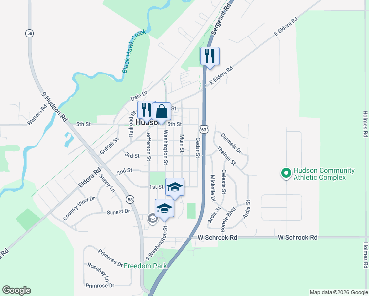 map of restaurants, bars, coffee shops, grocery stores, and more near 313 Main Street in Voorhies