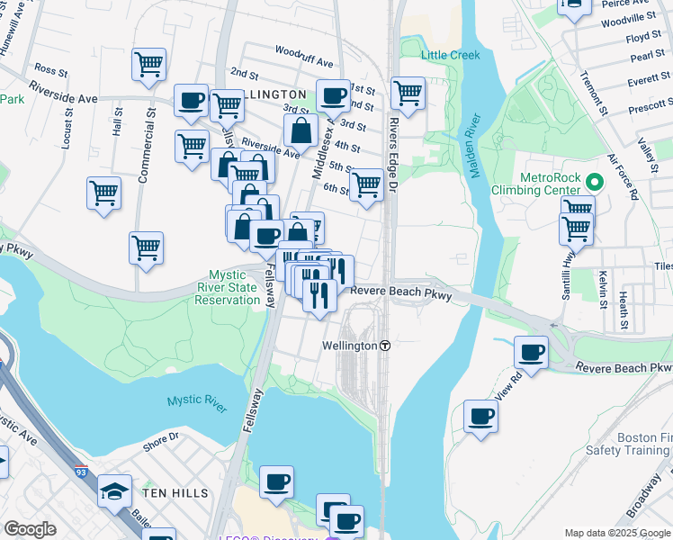 map of restaurants, bars, coffee shops, grocery stores, and more near 30 Revere Beach Parkway in Medford