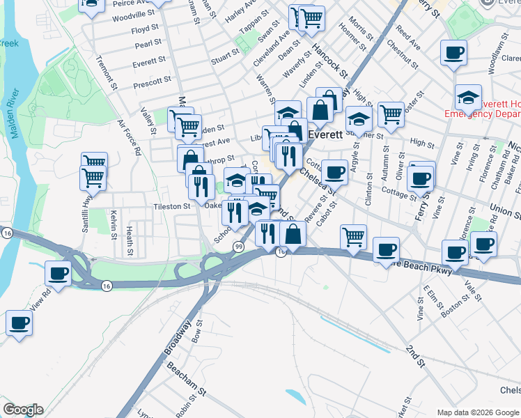 map of restaurants, bars, coffee shops, grocery stores, and more near 91 School Street in Everett