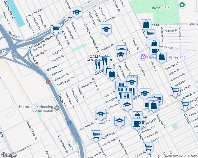 map of restaurants, bars, coffee shops, grocery stores, and more near 2638 Neibel St in Hamtramck