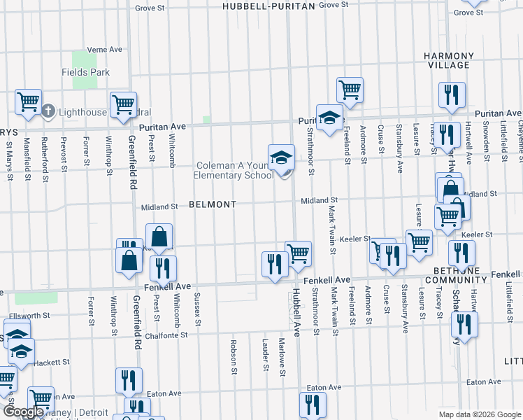 map of restaurants, bars, coffee shops, grocery stores, and more near 15500 Lauder Street in Detroit