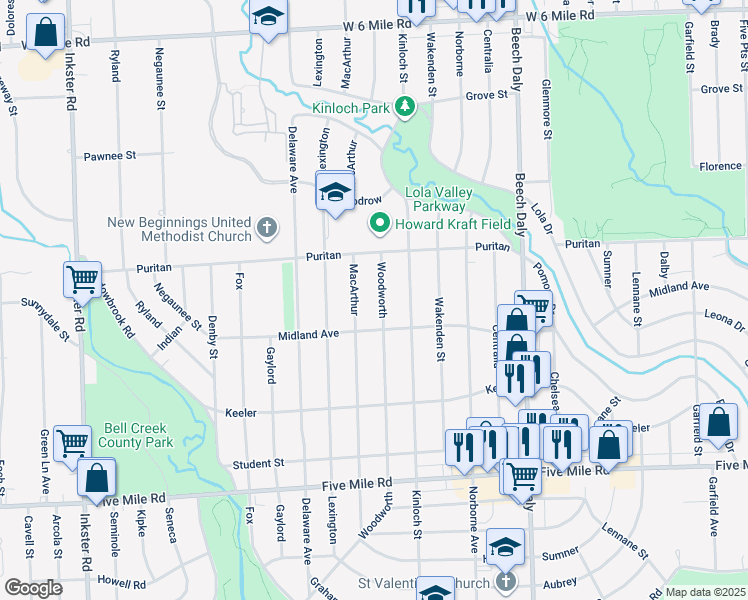 map of restaurants, bars, coffee shops, grocery stores, and more near 15863 Woodworth in Redford Charter Township