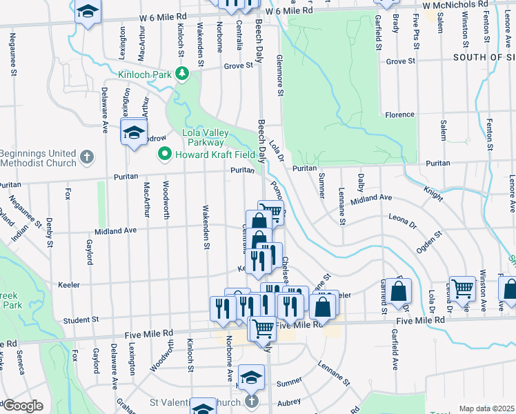 map of restaurants, bars, coffee shops, grocery stores, and more near 15865 Beech Daly in Redford Charter Township