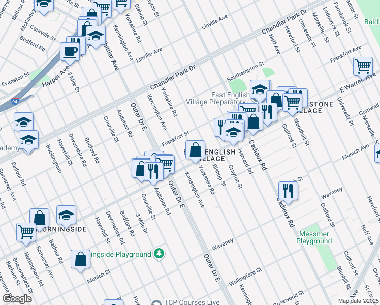 map of restaurants, bars, coffee shops, grocery stores, and more near 5043 Yorkshire Road in Detroit