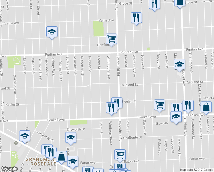 map of restaurants, bars, coffee shops, grocery stores, and more near 15525 Winthrop Street in Detroit