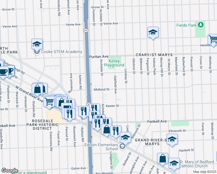 map of restaurants, bars, coffee shops, grocery stores, and more near 17560 Midland Street in Detroit
