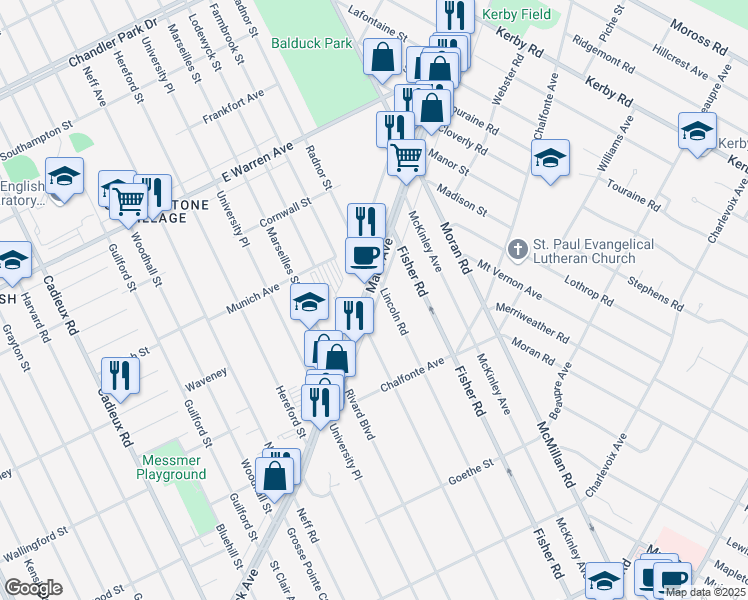 map of restaurants, bars, coffee shops, grocery stores, and more near 18050 Mack Avenue in Grosse Pointe