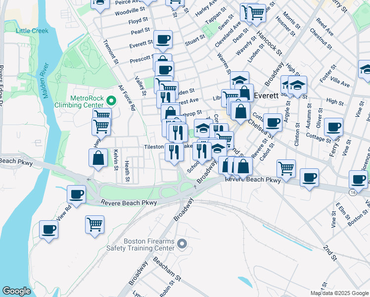 map of restaurants, bars, coffee shops, grocery stores, and more near 15 Oakes Street in Everett