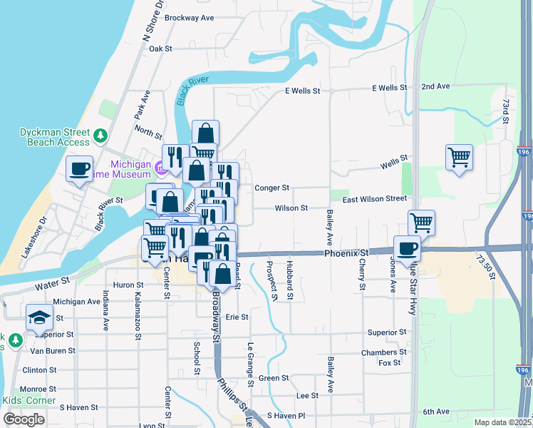 map of restaurants, bars, coffee shops, grocery stores, and more near 718 Wilson Street in South Haven