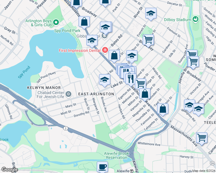 map of restaurants, bars, coffee shops, grocery stores, and more near 1 Newcomb Street in Arlington